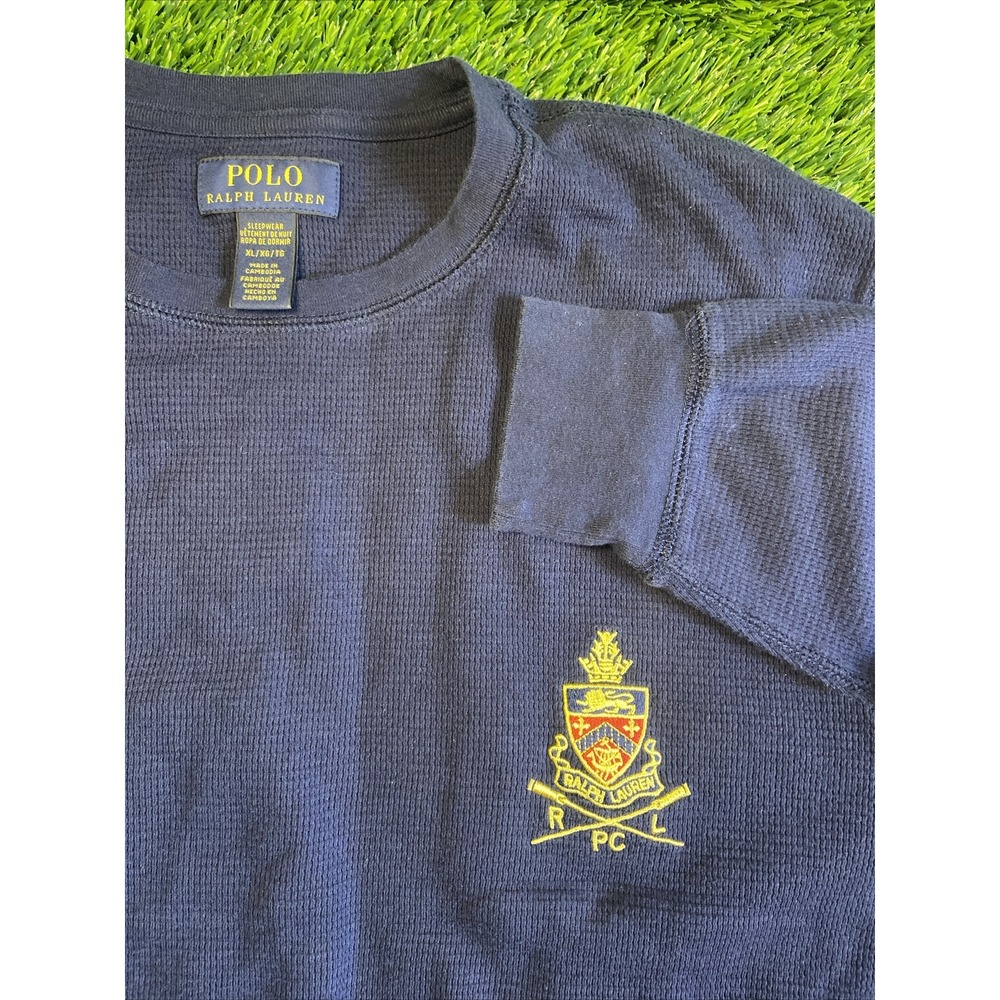 POLO RALPH LAUREN XL SLEEPWEAR BLUE WAFFLE KNIT THERMAL SHIRT CREST RL